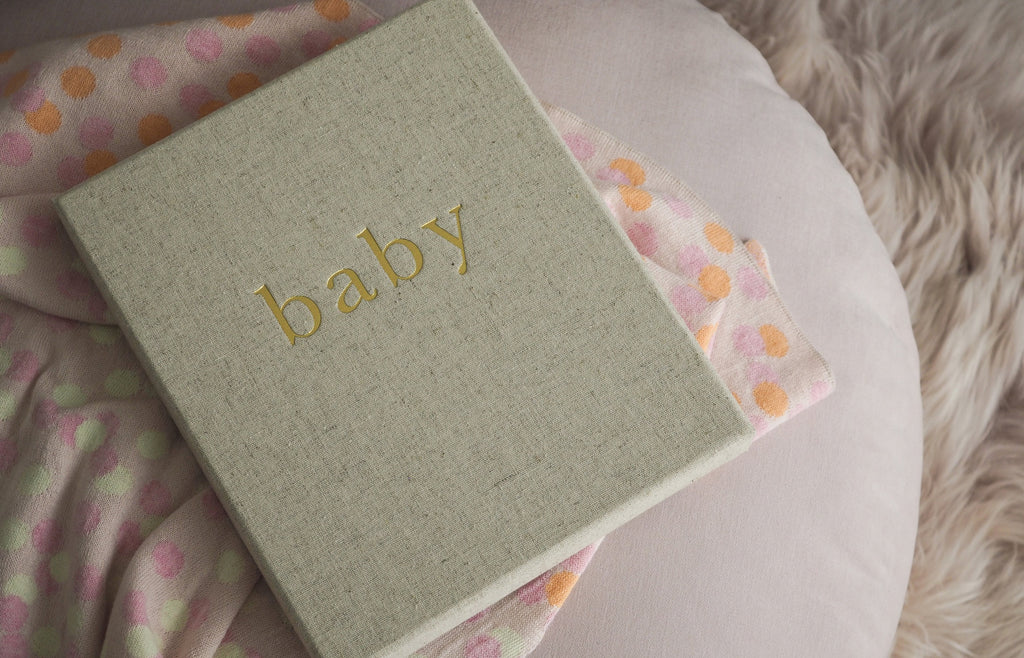 Linen gender neutral baby journal, with embossed storage box