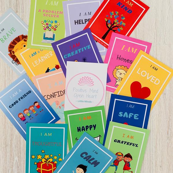 Kids Positive Affirmation cards, bright and colourful with positive words and designs